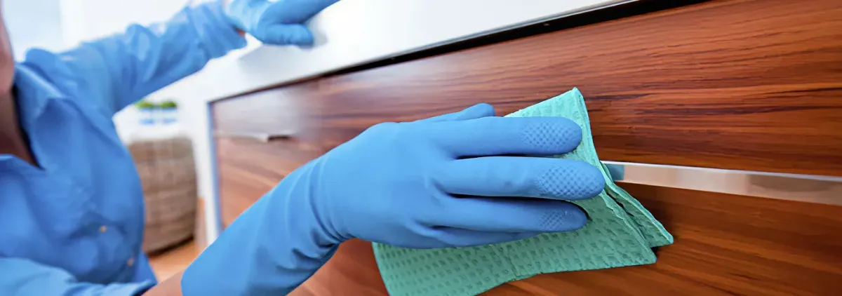 Cleaner wearing blue gloves wiping a wooden cabinet drawer with a microfiber cloth for dust and grime removal, Tempe, AZ.